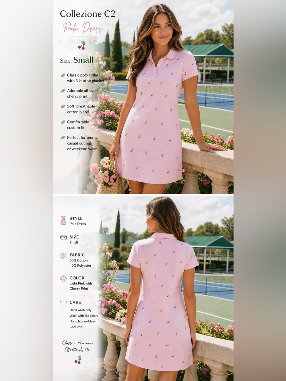 Collezione C2 Cherry Print Polo Dress Womens Small Pink Preppy tennis club retro - Picture 2 of 10
